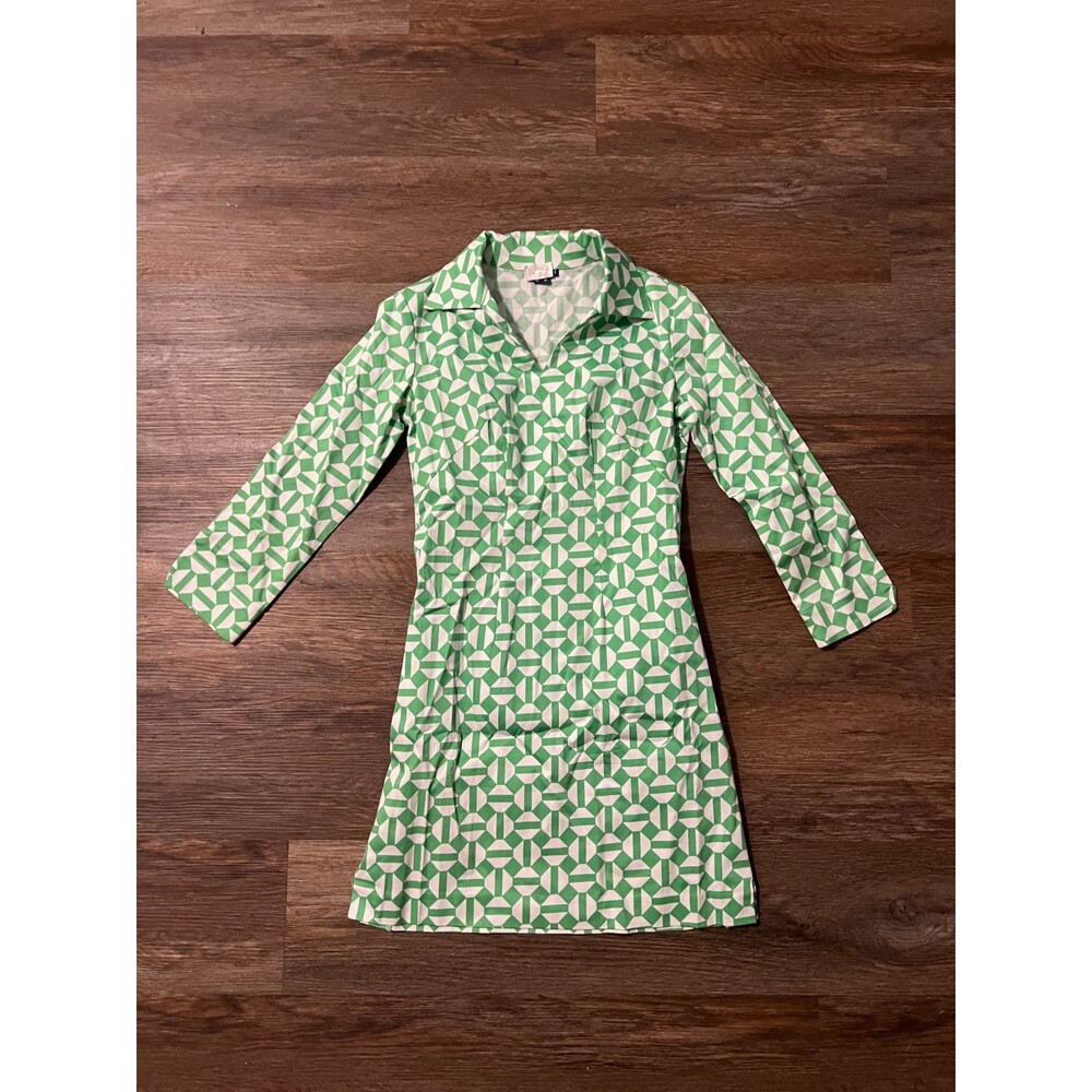 Melly M Collar Green & White Geometric Print Dress Sz 0 Lilly Cotton Summer